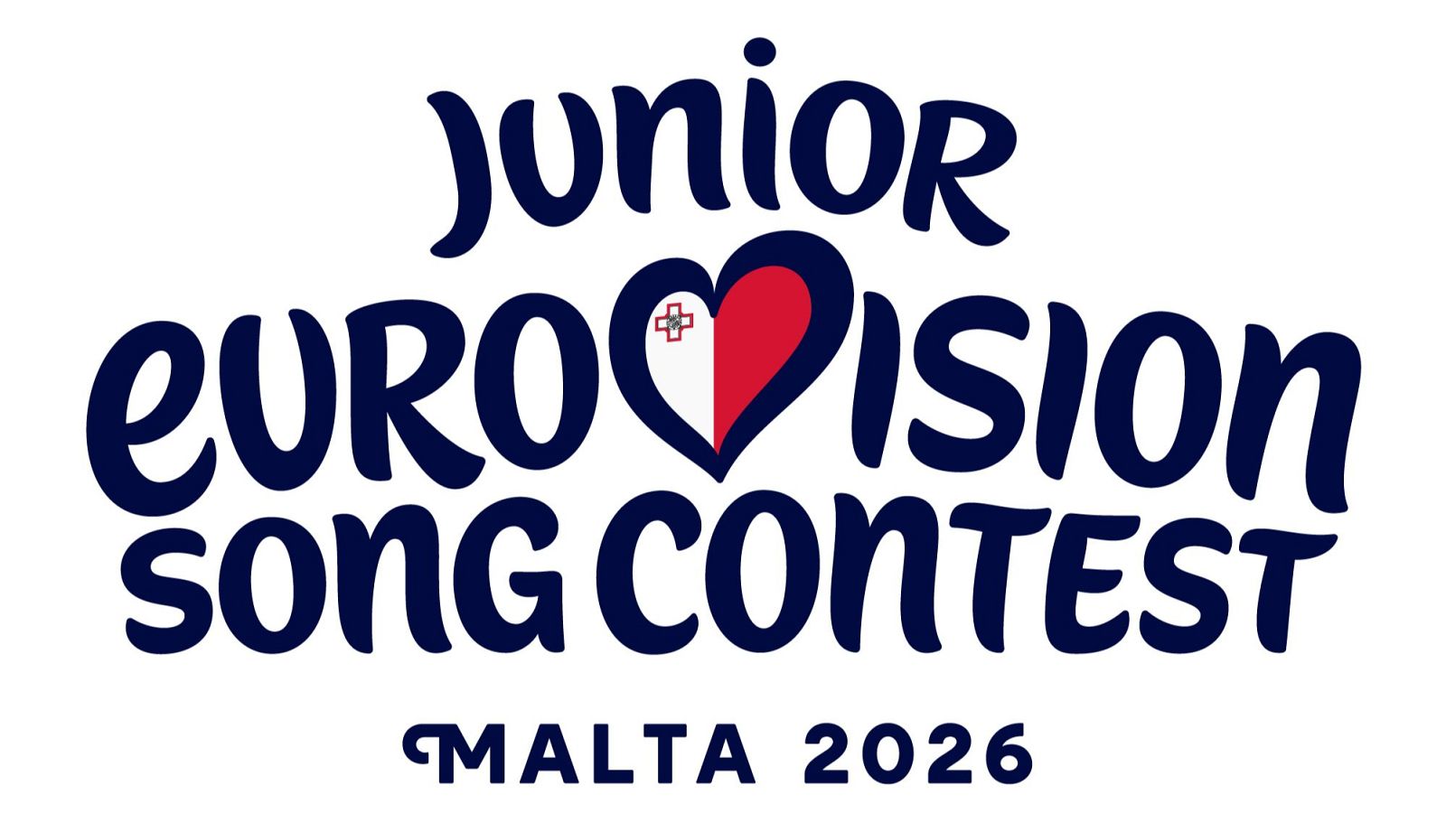 Logotipo del Festival de la Canción de Eurovisión Junior 2026 en Malta. "JUNIOR EUROVISION SONG CONTEST" con un corazón maltés en "EUROVISION", y "MALTA 2026" debajo.