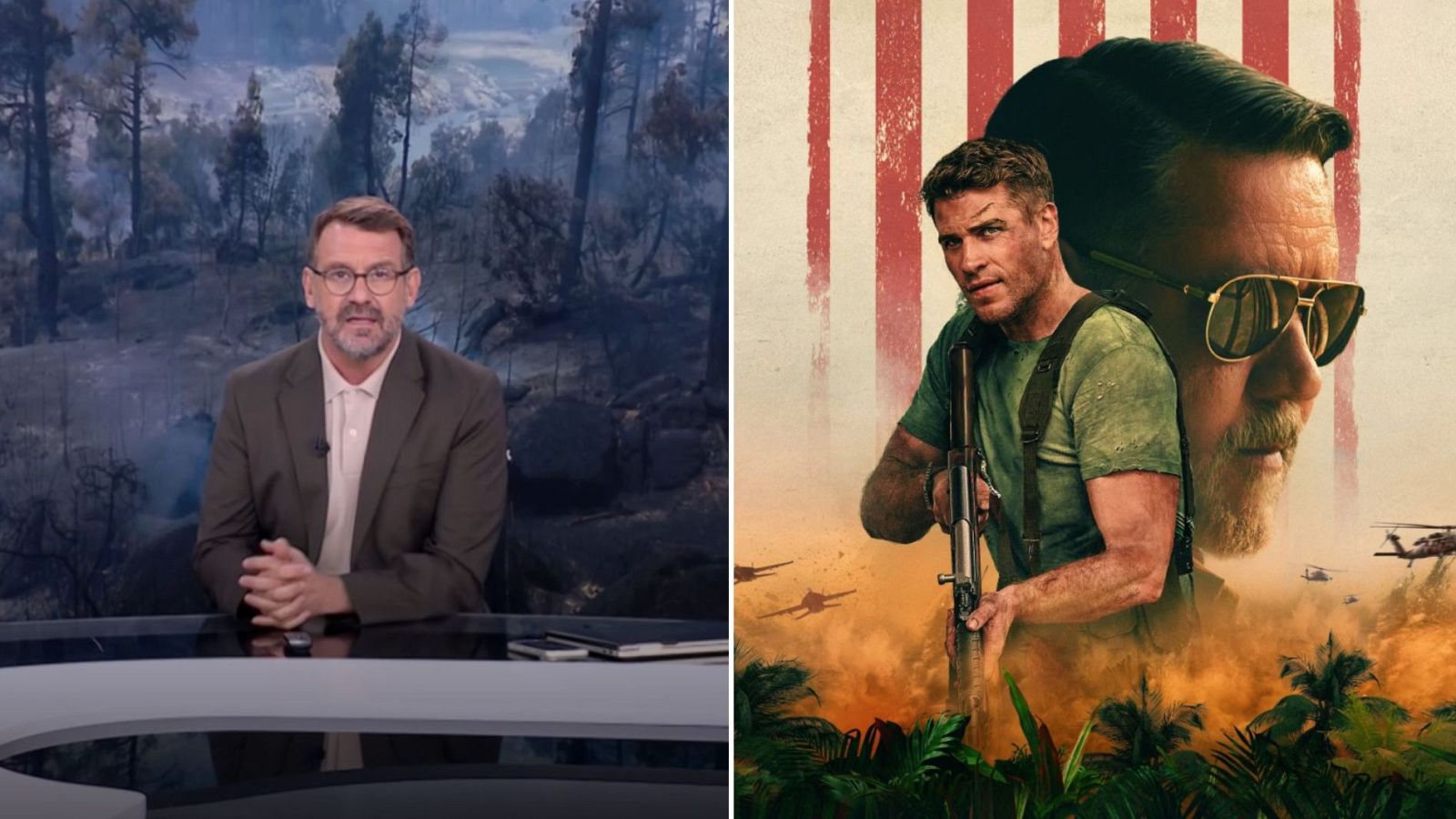 Carlos Franganillo en plató y Liam Hemsworth y Russell Crowe en póster de acción con temática bélica.