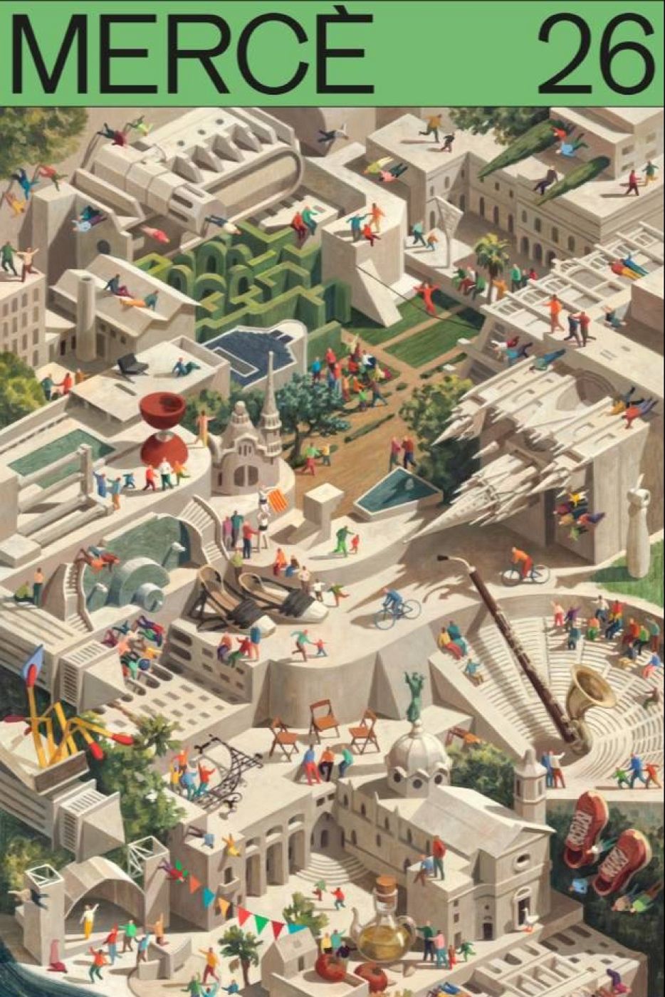 Ilustración isométrica de una ciudad fantástica con figuras humanas de colores vibrantes, torres humanas, arquitectura diversa y objetos de gran tamaño, evocando una celebración.