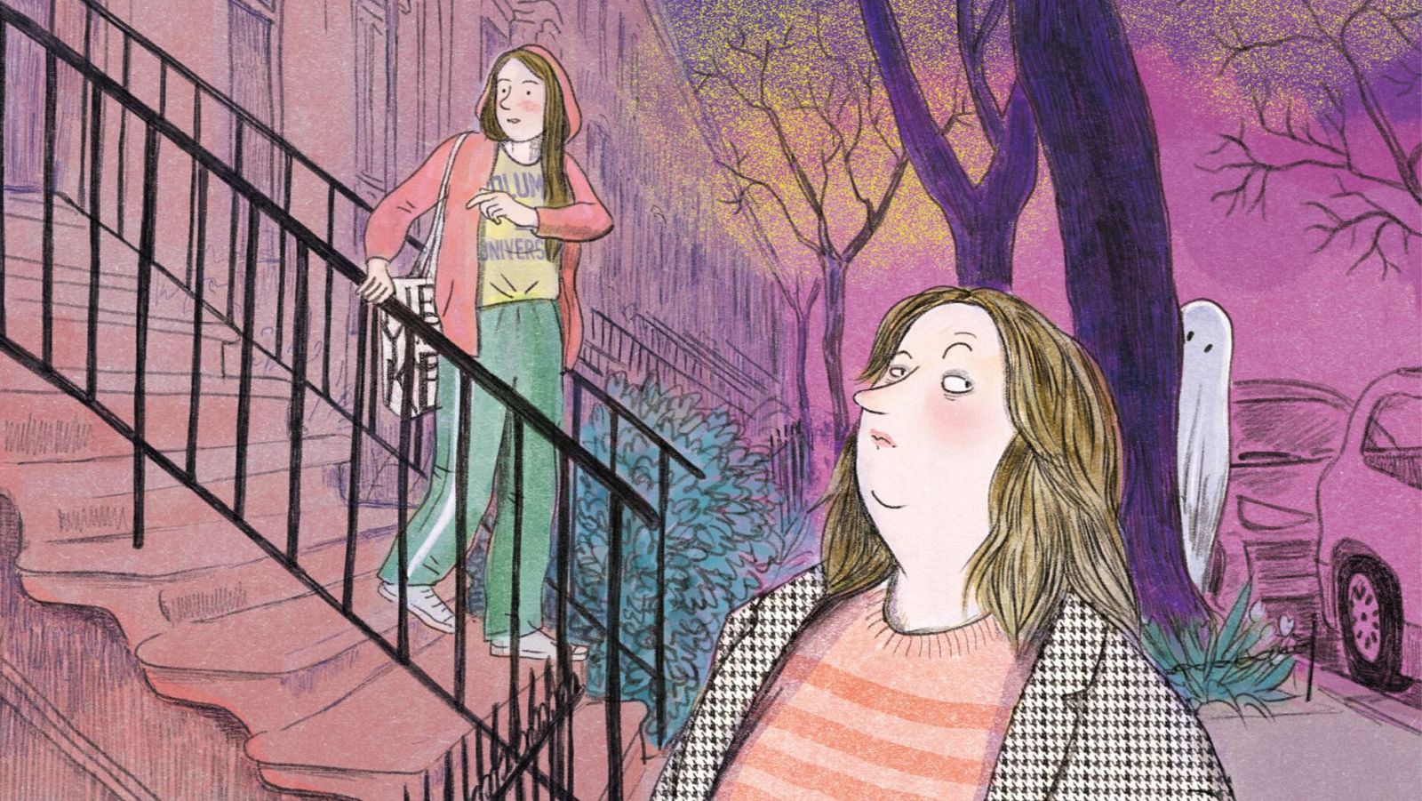 Ilustración urbana nocturna con dos mujeres, una con camiseta a rayas y chaqueta, otra con sudadera rosa y pantalones verdes, y un fantasma entre ellas. Colores púrpuras y rosas dominan la escena.