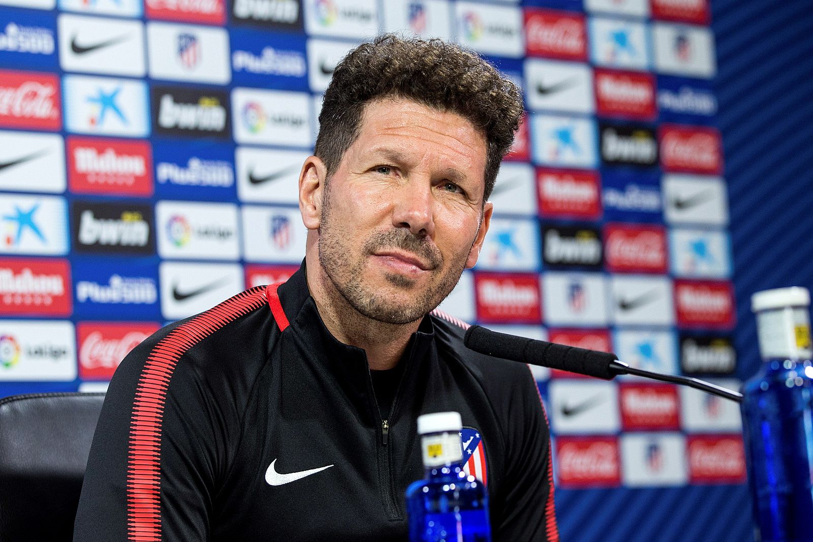 El entrenador del Atlético de Madrid, el argentino Diego Simeone, durante la rueda de prensa previa.