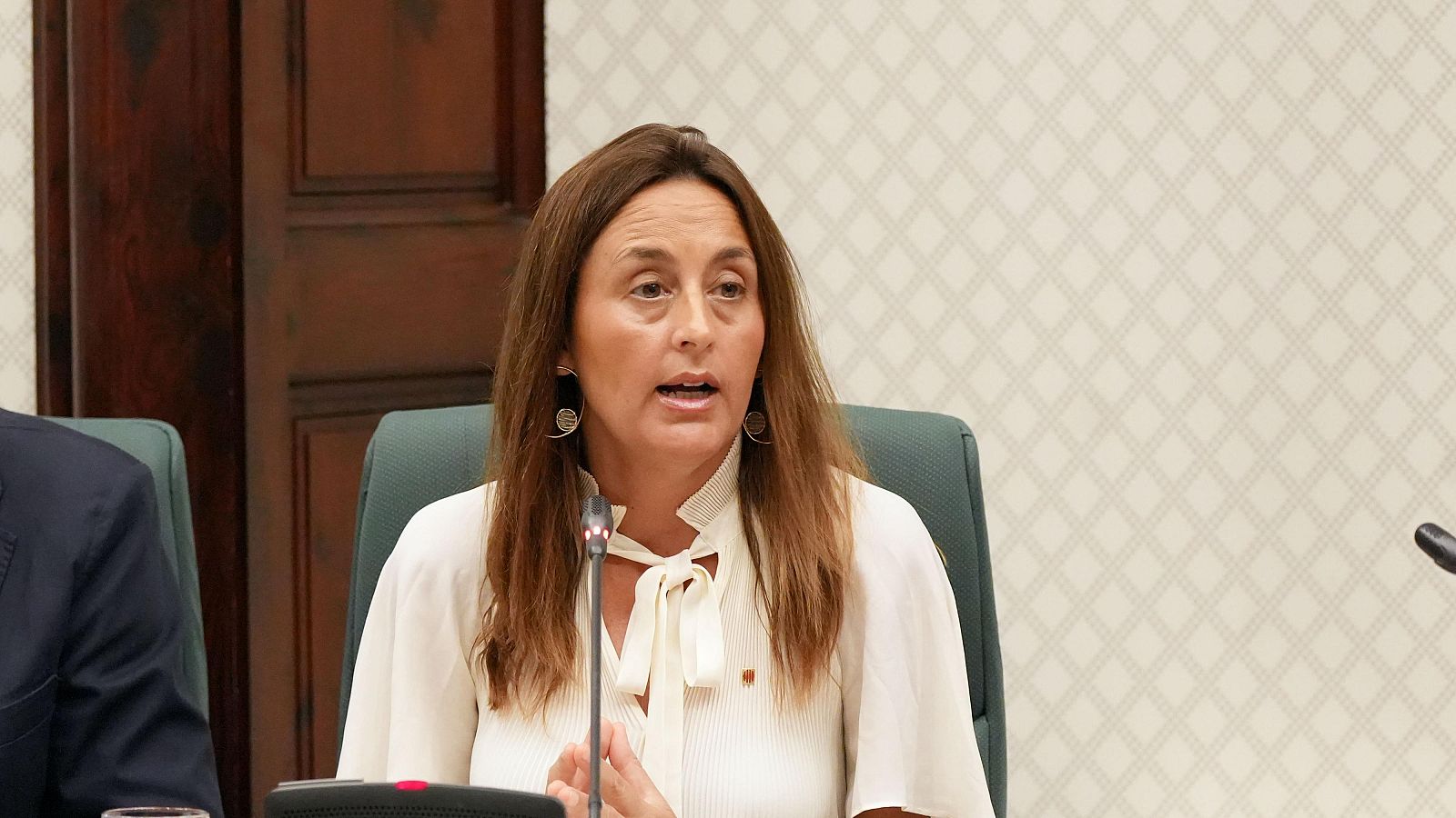 Esther Niubó, Consellera d'Educació, compareix al Parlament. Té cabell llarg castany, brusa clara amb coll alt i porta un pin. Està asseguda, parlant amb micròfon i fent gest amb la mà.