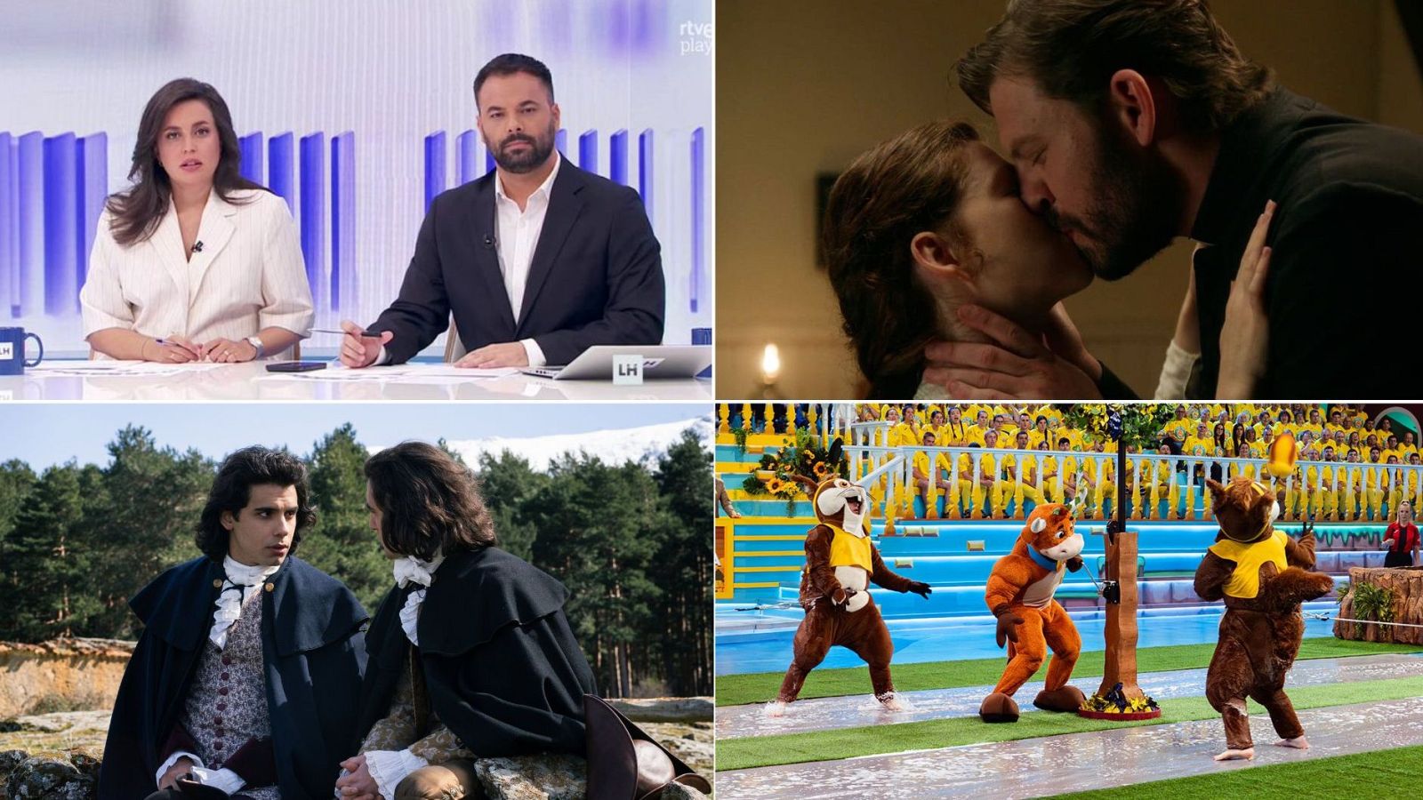 Collage de RTVE: Inés Hernand y Rodrigo Vázquez en estudio, pareja besándose, hombres de época en bosque, y evento con mascotas y público en estadio.