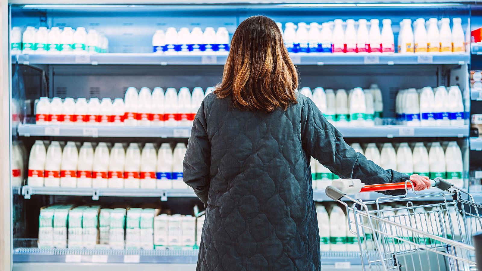 Mujer de espaldas en supermercado, frente a estantería refrigerada de lácteos con botellas blancas y cartones. Lleva chaqueta oscura y carrito de compra.