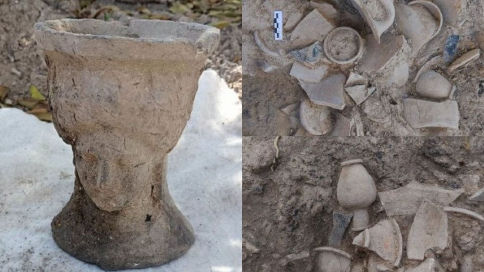 Composición de hallazgo arqueológico: pebetero de cerámica y fragmentos de cerámica en excavación con regla de escala.