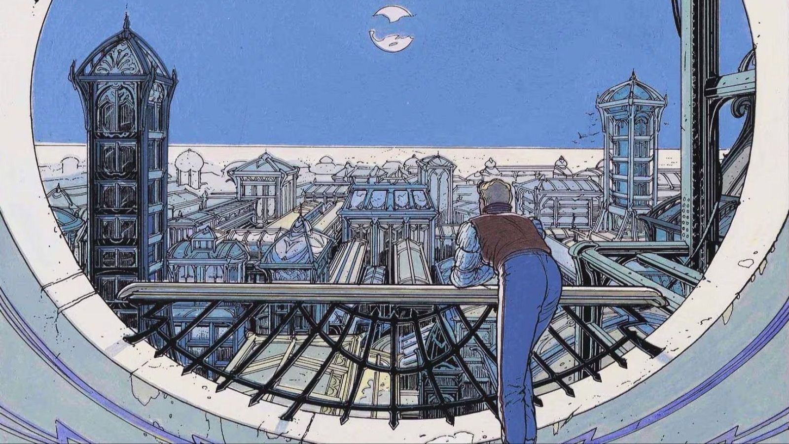 Hombre de espaldas contemplando una ciudad fantástica con arquitectura Art Nouveau y futurista, vista a través de un marco circular. Cielo azul con una luna estilizada y siluetas de pájaros.