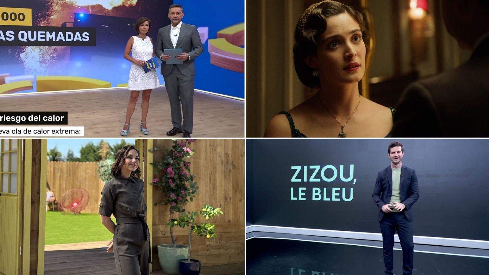 Collage de RTVE con noticias de Xabier Fortes y Ana Blanco sobre calor extremo, Michelle Jenner en estilo de época, una mujer en jardín y Marc Calderó con "ZIZOU, LE BLEU".