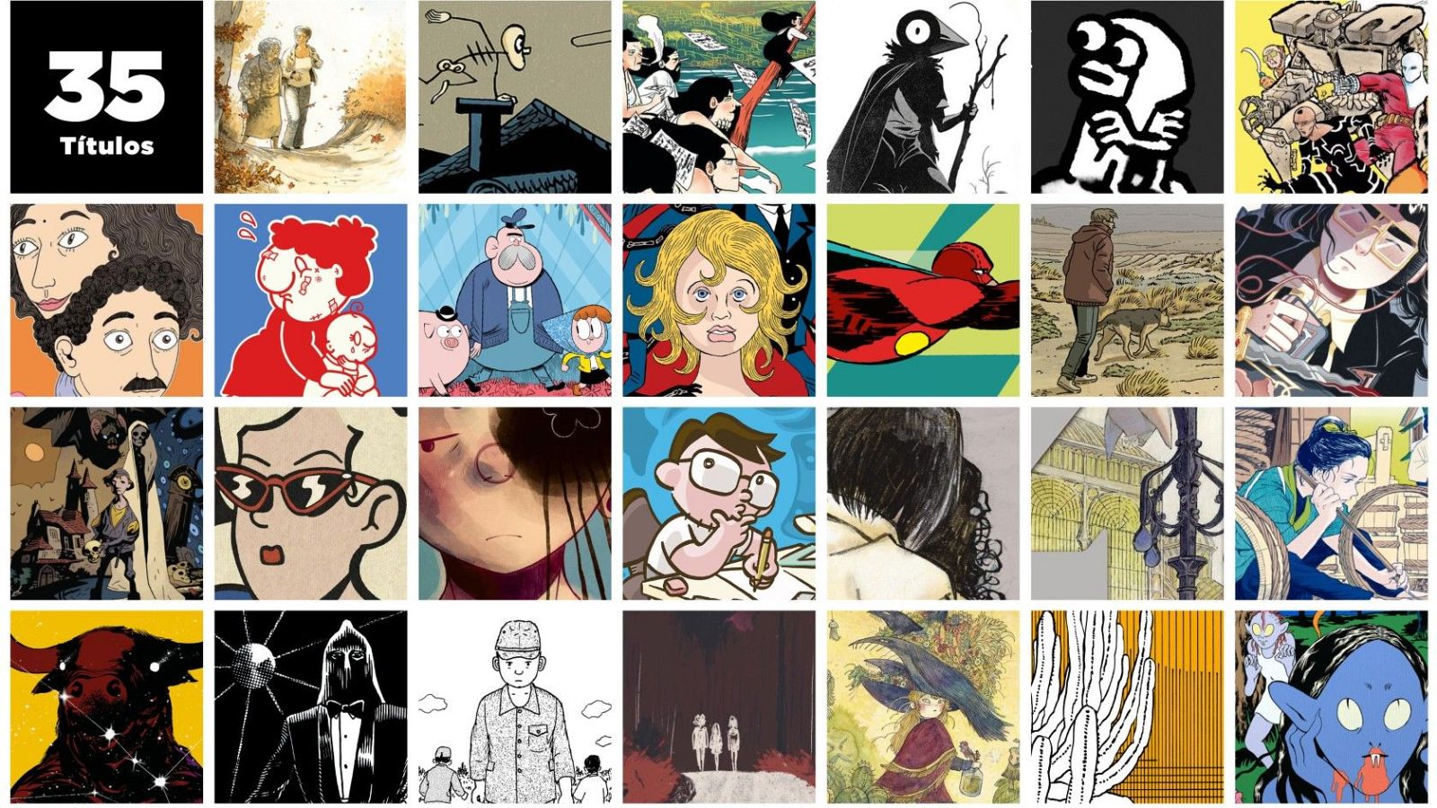 Una cuadrícula de 35 ilustraciones variadas, que van desde escenas naturales y personajes fantásticos hasta retratos detallados y composiciones abstractas, precedidas por un título.