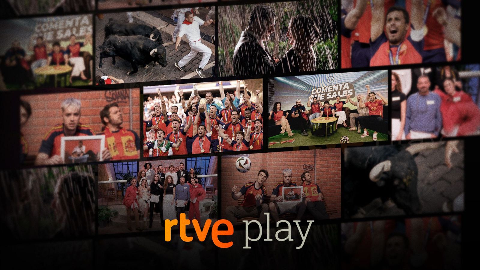 Collage de RTVE Play con programas de debate, encierros, drama, celebraciones deportivas con Ibai Llanos y Gerard Piqué, y el logo de la plataforma.