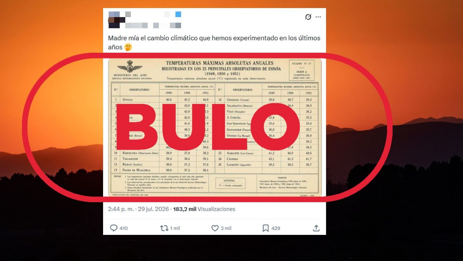 Esta tabla de temperaturas máximas en 1950 es un bulo y no niega el cambio climático