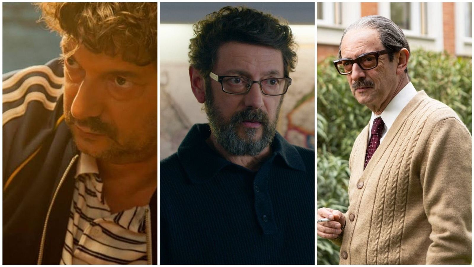 Tríptico del actor Manolo Solo en tres caracterizaciones: look desaliñado con chándal, aspecto serio con pelo canoso y gafas, y apariencia formal con corbata y cigarrillo.