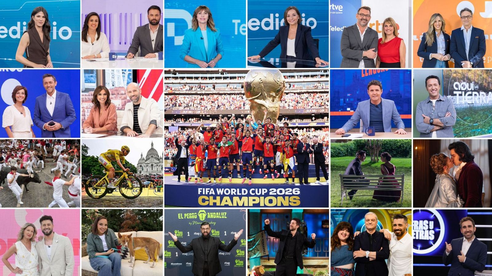 Collage de RTVE con presentadores (Ana Blanco, Roberto Leal, Anne Igartiburu, Pablo López), programas ("Telediario", "Aquí la Tierra", "Cifras y Letras"), eventos (Copa del Mundo 2026, San Fermín) y ficción.