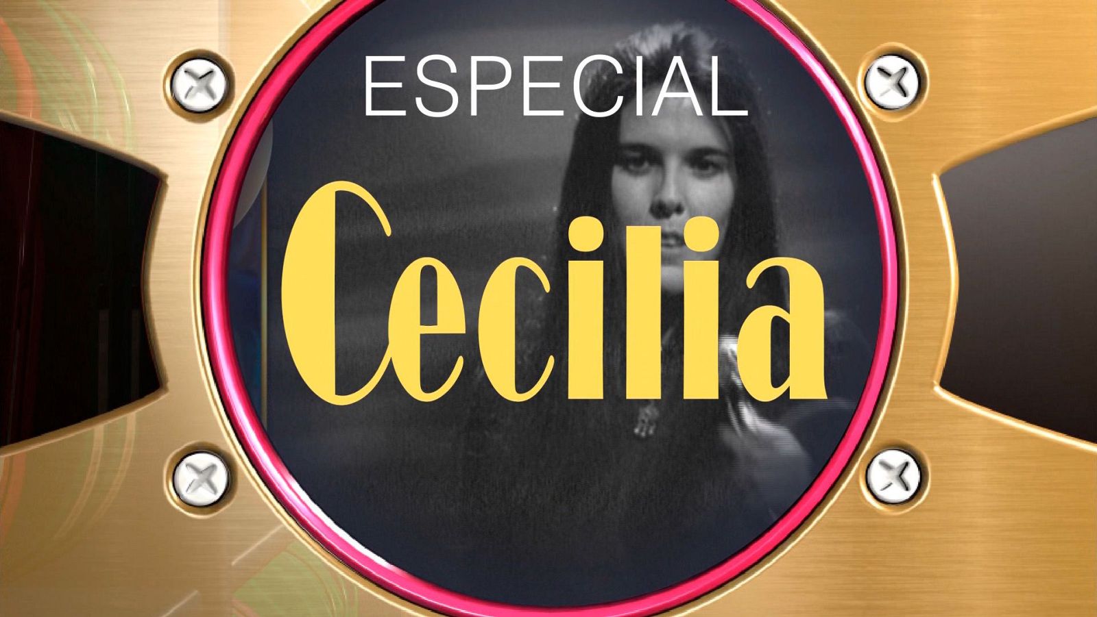 Portada de programa especial "Cecilia" en La 2, con foto en blanco y negro de la artista dentro de un círculo rosa y fondo dorado.