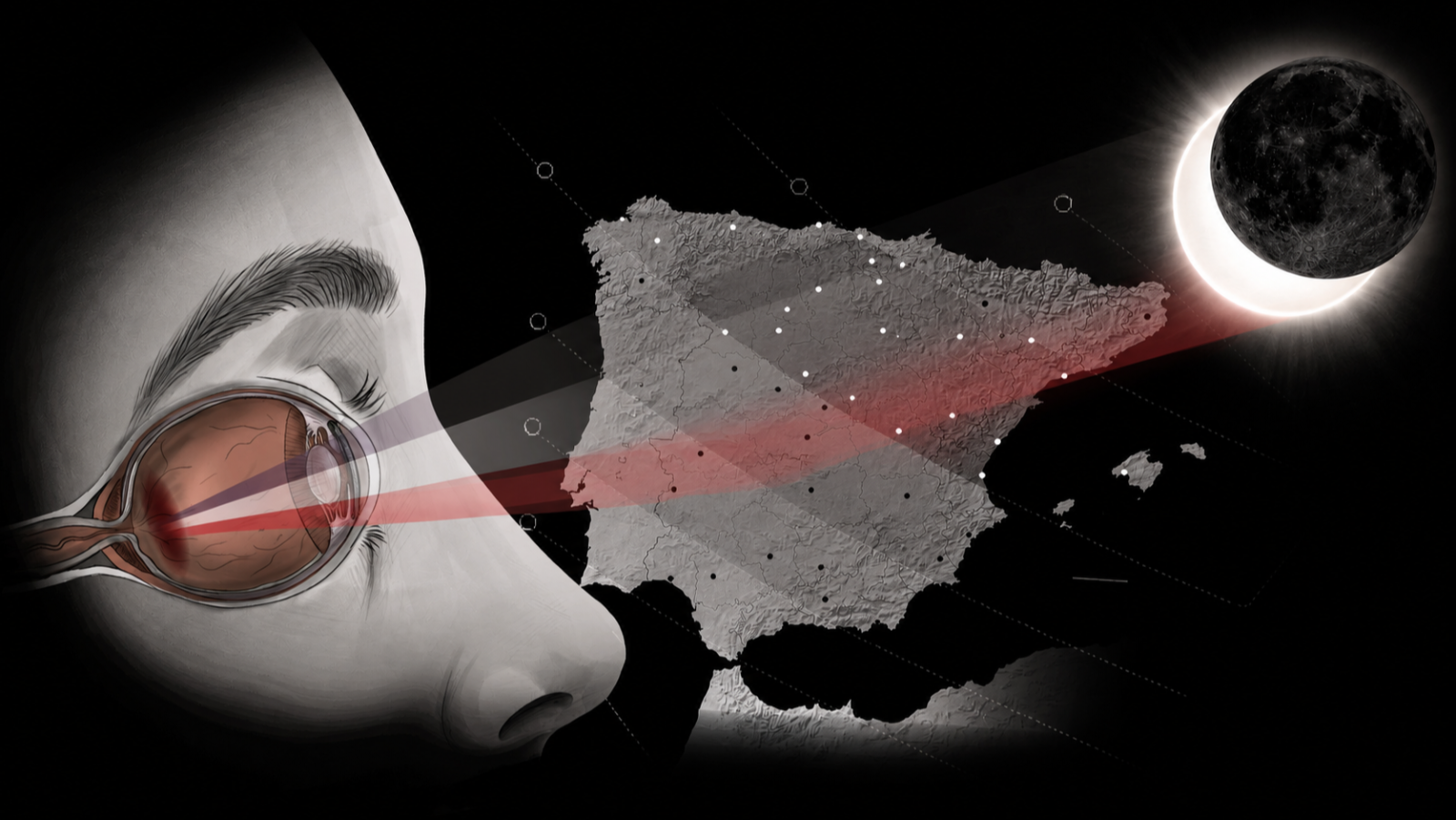 Ilustración didáctica sobre el peligro de observar eclipses solares sin protección, mostrando un eclipse parcial incidiendo en un ojo a través de un mapa de la Península Ibérica.