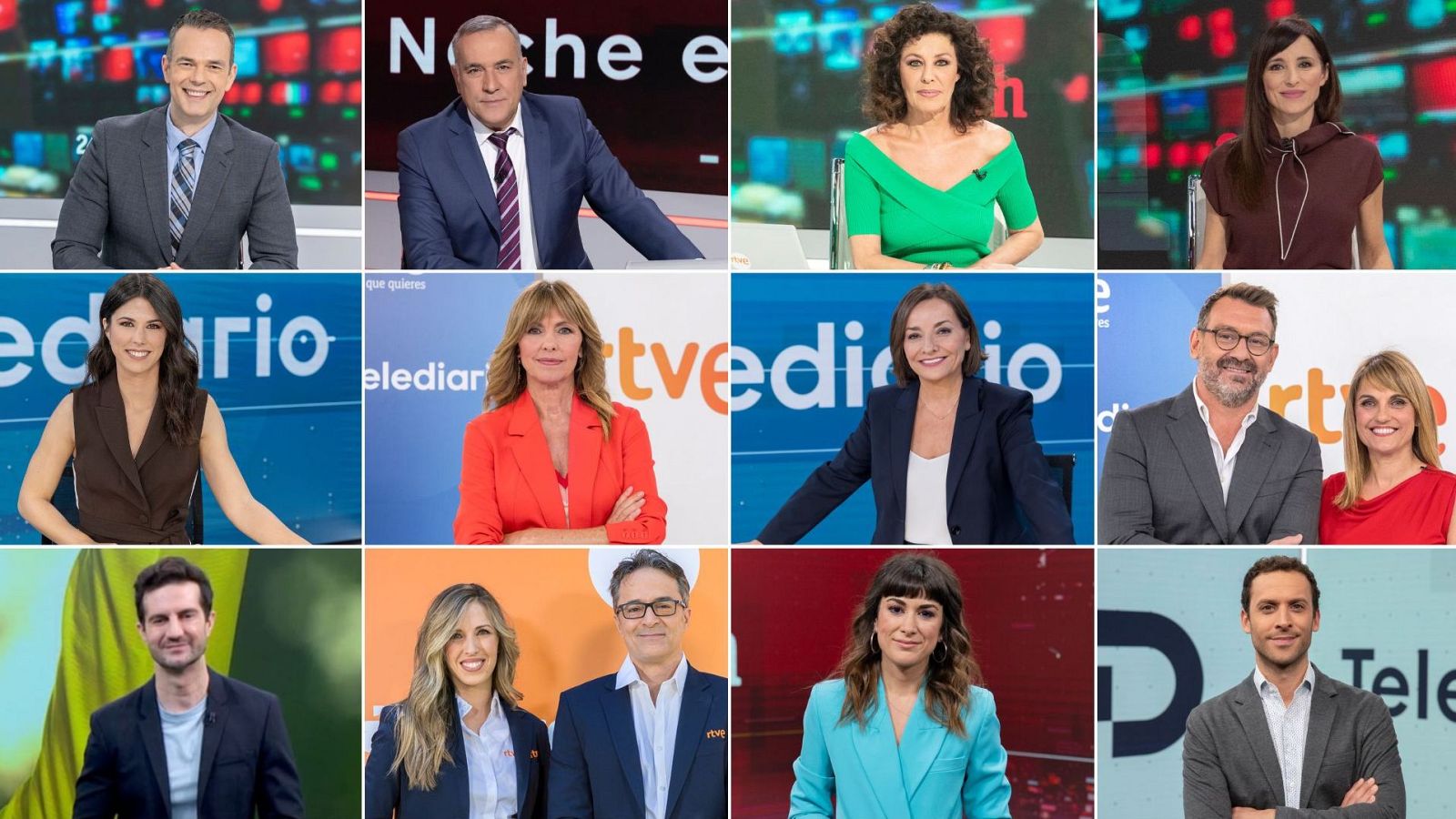Collage de doce presentadores de RTVE en estudios de televisión, incluyendo a Xabier Fortes, Carlos Franganillo, Ana Blanco, Marc Sala y Silvia Intxaurrondo, entre otros.
