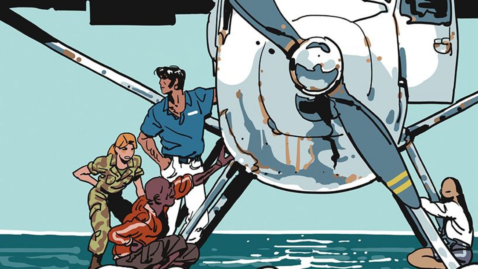 Corto Maltés, con camisa azul y pantalones blancos, junto a tres personas más, examinan un avión en el agua. El fuselaje del avión muestra desgaste y la hélice es visible.