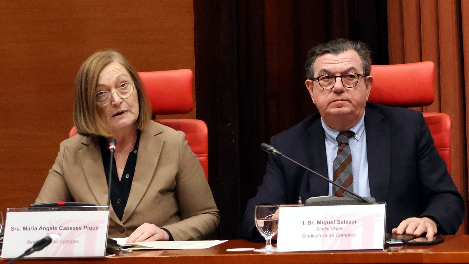 El síndic major de Comptes, Miquel Salazar, i la síndica Maria Àngels Cabasés, en la comissió d'investigació de la DGAIA del Parlament.