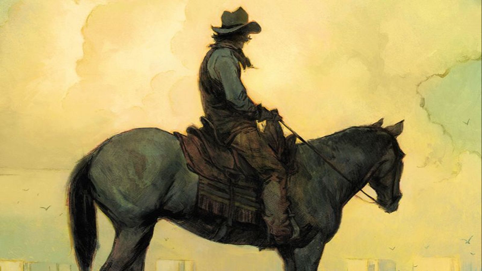 General Blueberry a caballo, de espaldas, en una ilustración de portada de cómic con cielo cálido y brumoso.