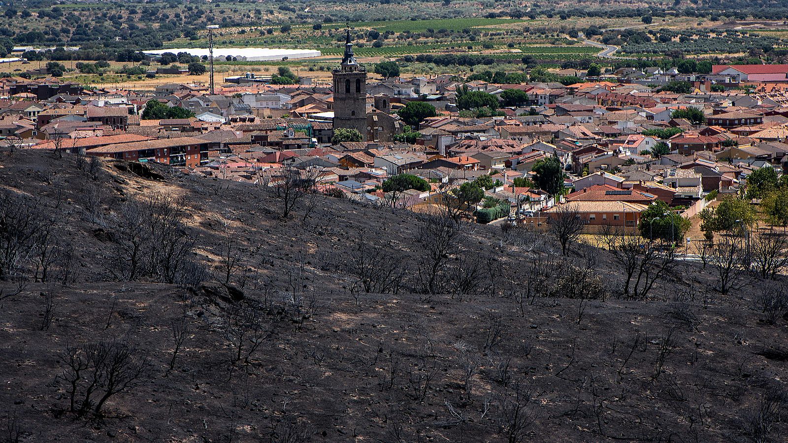 Vista de Villa del Prado tras el incendio que arrasó el oeste de la Comunidad de Madrid.
