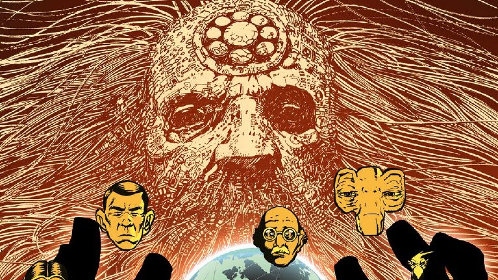 Ilustración de ciencia ficción con una cabeza tecnológica superior y tres cabezas (Judge Dredd, Alan Moore, Tharg) presentadas sobre la Tierra por manos enguantadas.