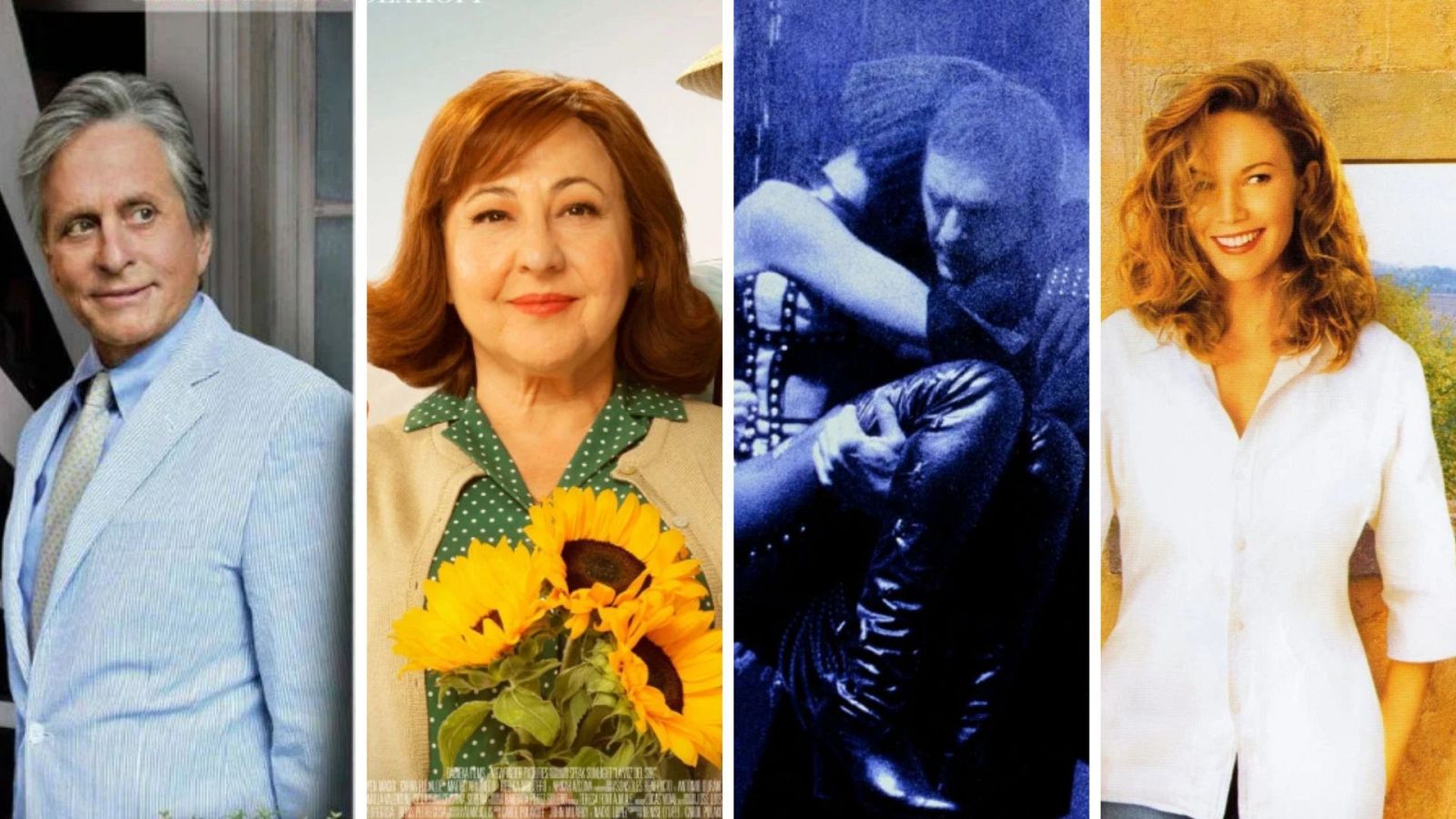 Montaje de cuatro paneles: Michael Douglas, Carmen Maura con girasoles, escena de combate y Diane Lane, promocionando cine español e internacional de RTVE.