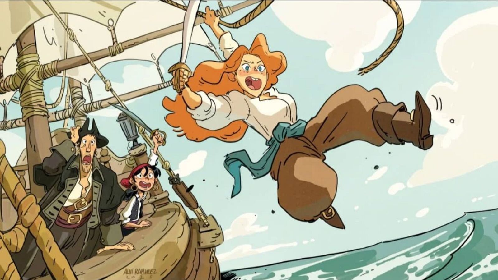 Anne Bonny, una pirata pelirroja, ataca en la cubierta de un barco. Dos hombres la observan con terror. Firma: ALIN RAMIREZ 2023.