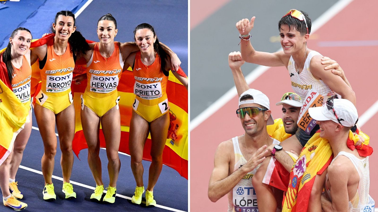 Fotocomposición con las corredoras del relevo 4x400, en los World Relays (izq) y los marchadores españoles aupando a María Pérez en el Mundial de Tokio