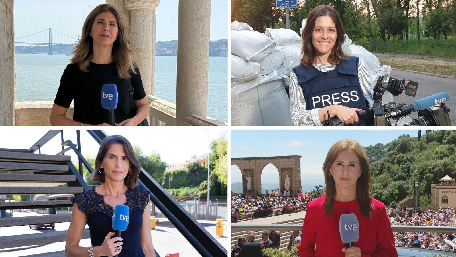Cuatro periodistas de TVE, Lara Siscar, Silvia Guerra, Melanie Stüber y Begoña Alegría, son mostradas en diferentes escenarios de reportaje.