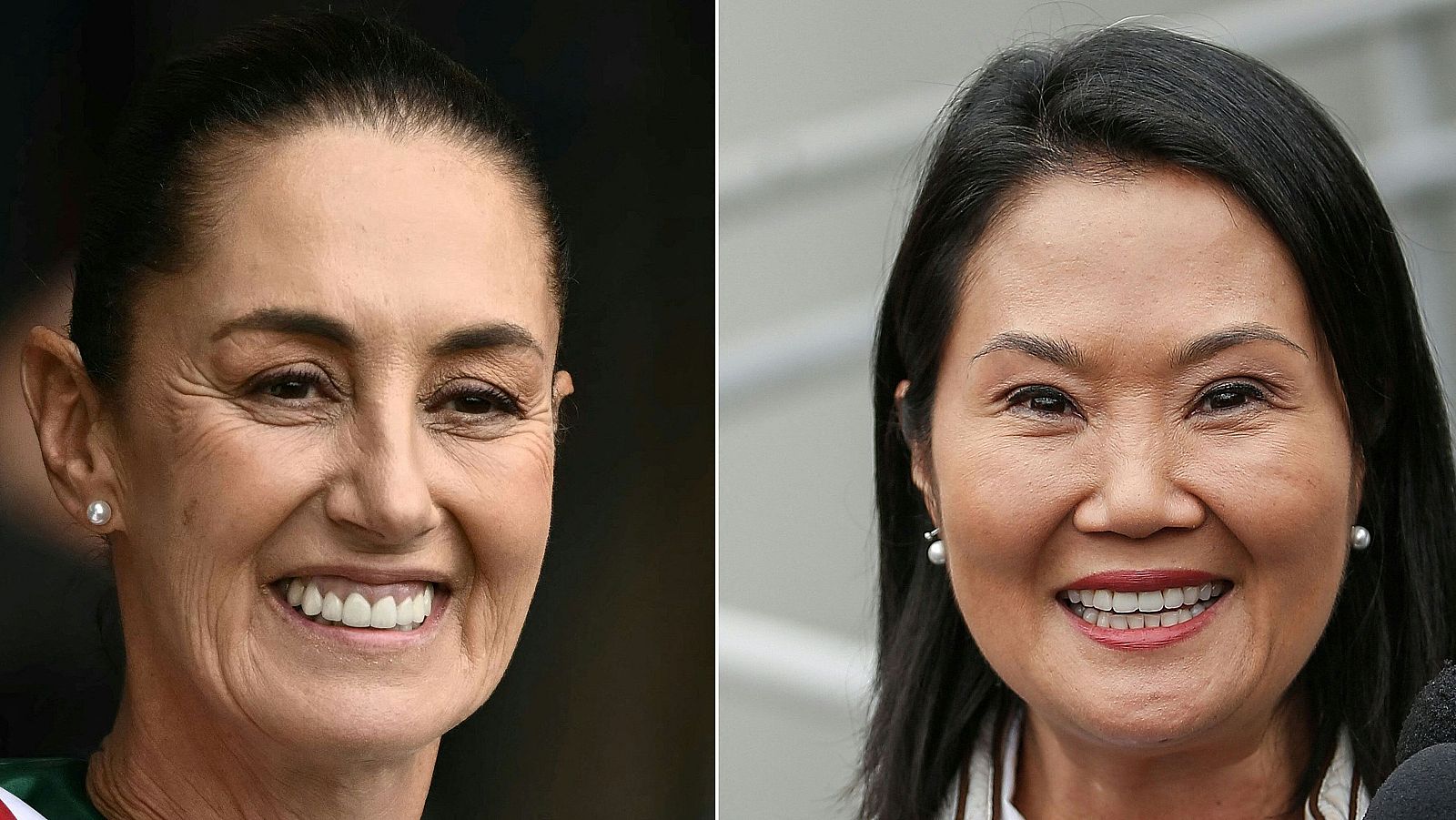 Claudia Sheinbaum, Presidenta de México, y Keiko Fujimori, política peruana, sonríen en un díptico, sugiriendo un momento de cordialidad en el contexto del restablecimiento de relaciones diplomáticas entre Perú y México.