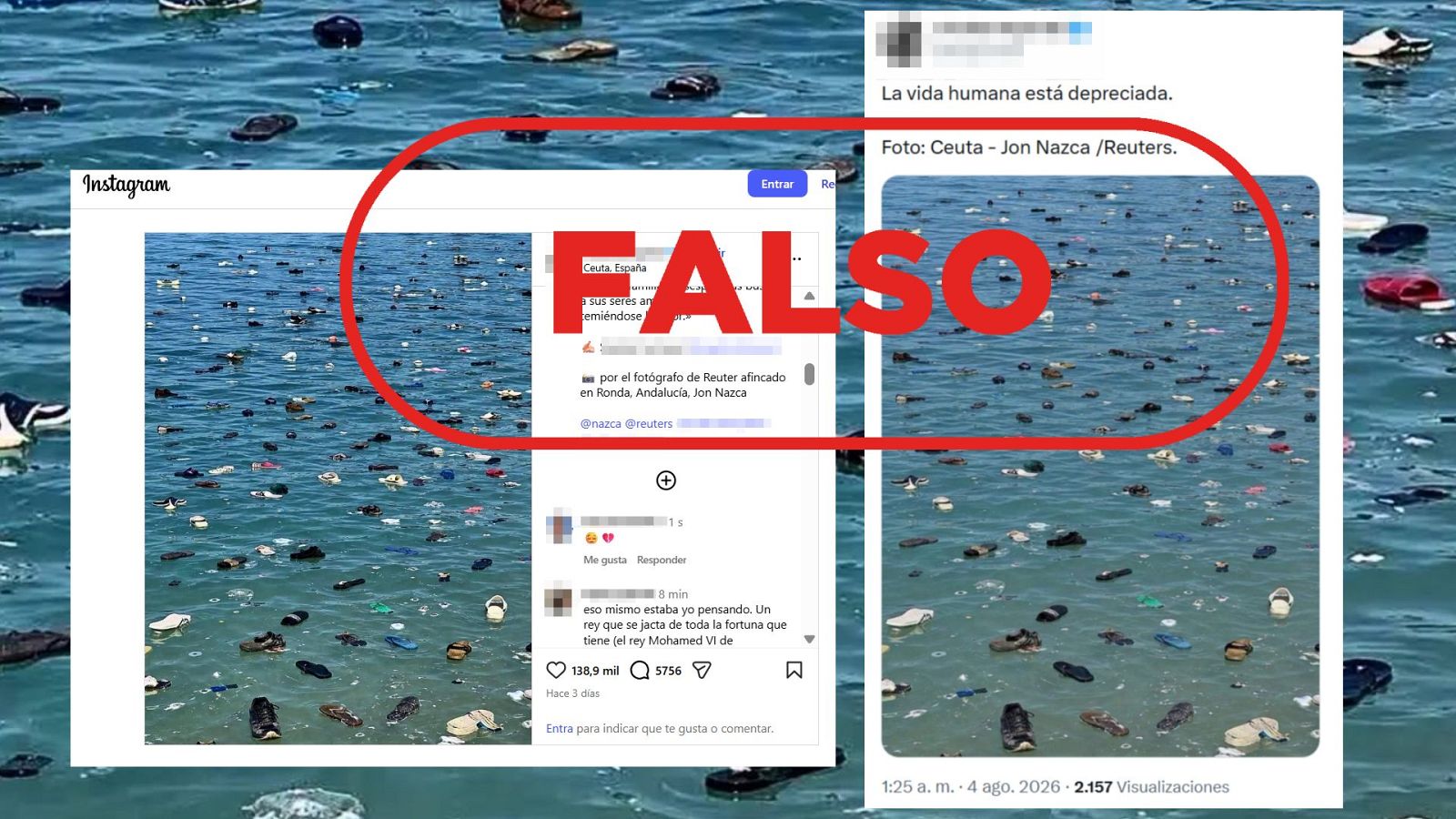 No son zapatos flotando en el mar tras el cruce de migrantes a Ceuta, es IA