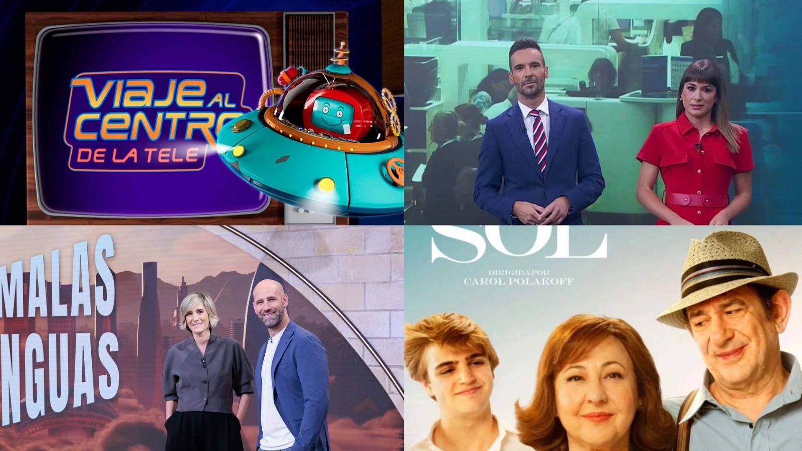Montaje de RTVE con "Viaje al Centro de la Tele", "Telediario 1" (Xabier Fortes, Alejandra Herranz), "Malas Lenguas Noche" (Eva Hache, Juan Carlos Ortega) y "SOL" (Gorka Otxoa, Carmen Machi, Karra Elejalde).