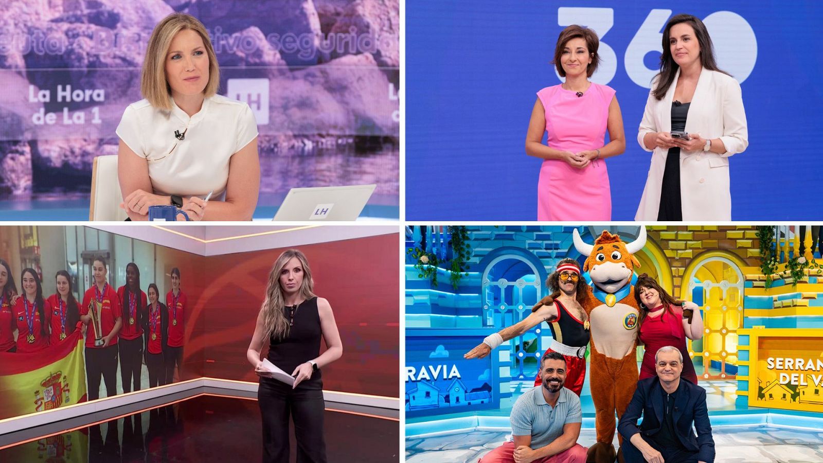Montaje de "La Hora de La 1", "Mañaneros 360", "Teledeportes 2" y "El Grand Prix del Verano" con sus presentadores y mascotas.