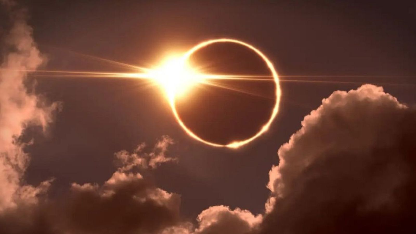 Eclipse solar total con corona visible, Luna oscura cubriendo el Sol, destello de luz y nubes en un cielo dramático.