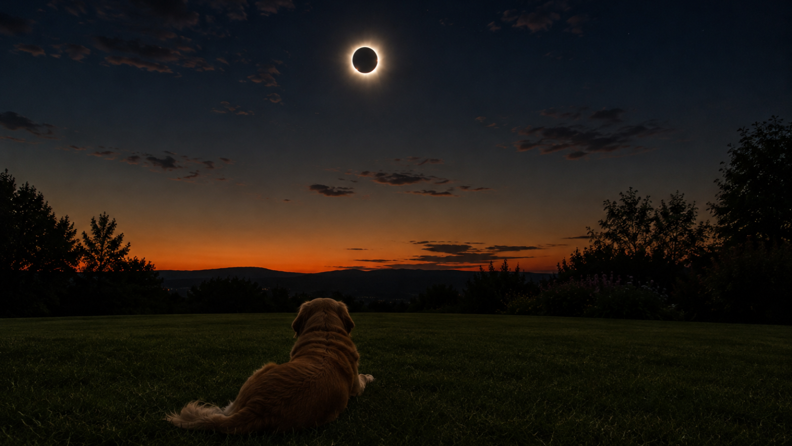 Perro dorado contempla un eclipse solar total con corona visible, bajo un cielo crepuscular de tonos anaranjados y rojizos, sobre césped y siluetas de árboles.