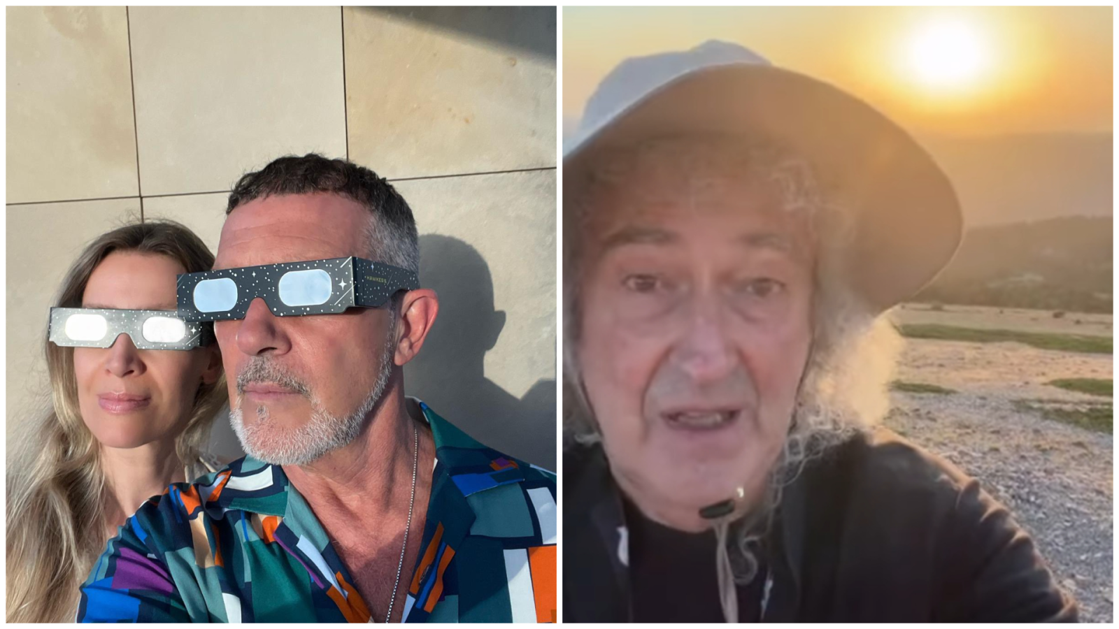 Antonio Banderas y Brian May observan un eclipse solar. Banderas con gafas y camisa colorida, y May con sombrero y cabello rizado, ambos capturados en momentos relacionados con el evento astronómico.