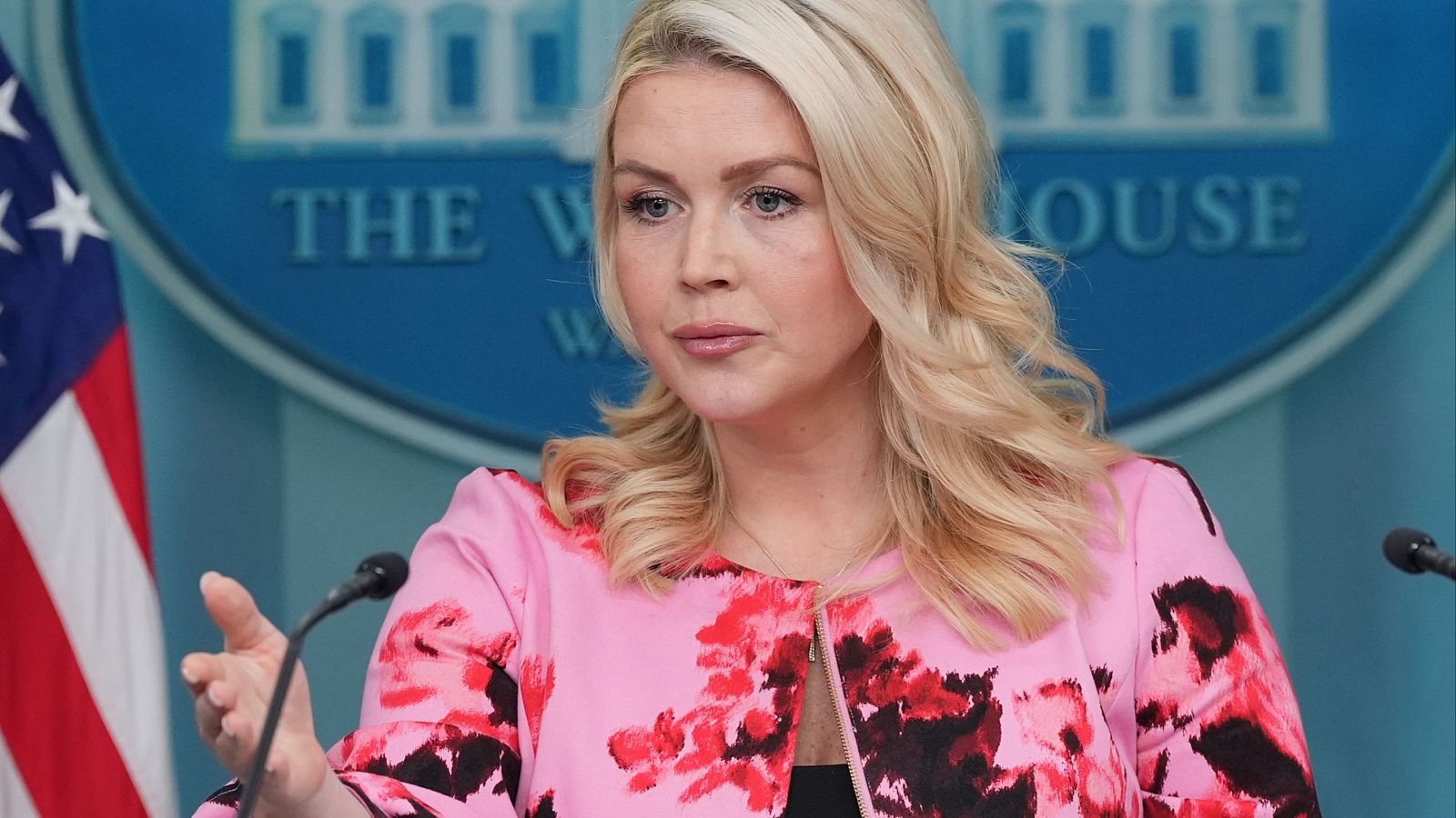 Karoline Leavitt, con chaqueta rosa y cabello rubio, está frente a un atril con micrófonos, con una bandera estadounidense y un sello azul de la Casa Blanca de fondo.