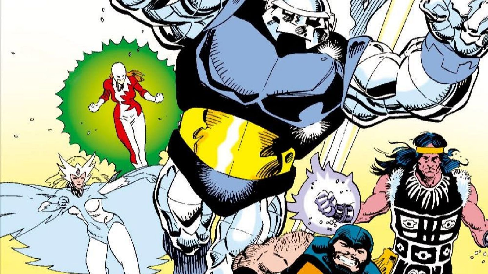 Ilustración de cómic de Alpha Flight: Guardian, Aurora, Snowbird, Shaman y Puck en acción sobre fondo amarillo y verde.