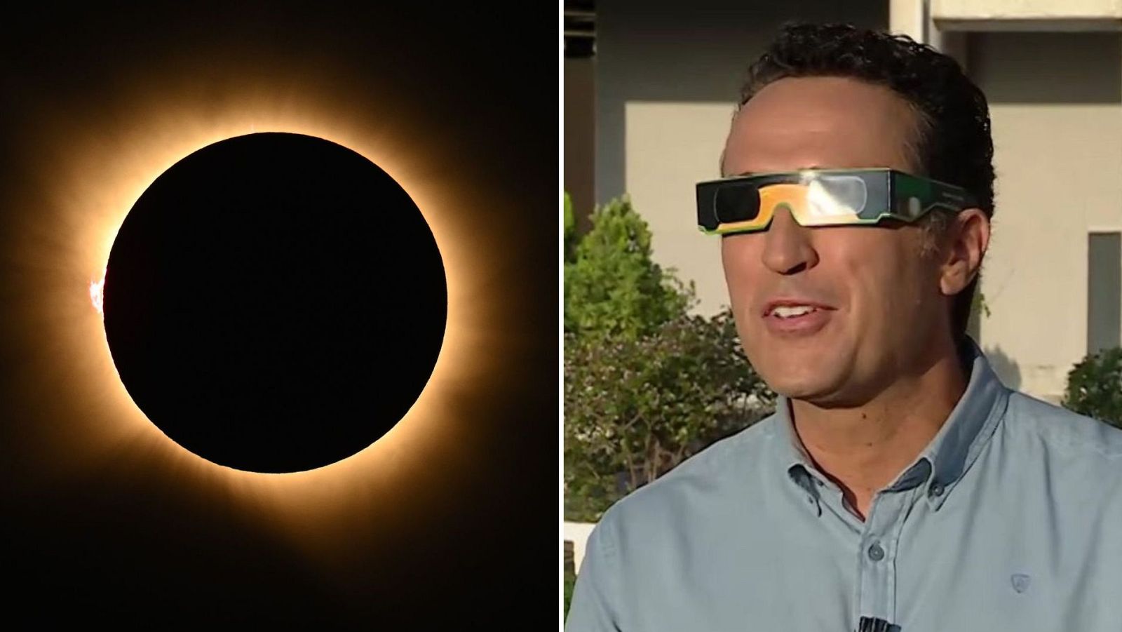 Eclipse solar total con corona visible y Jacob Petrus sonriente con gafas de sol para observación solar.