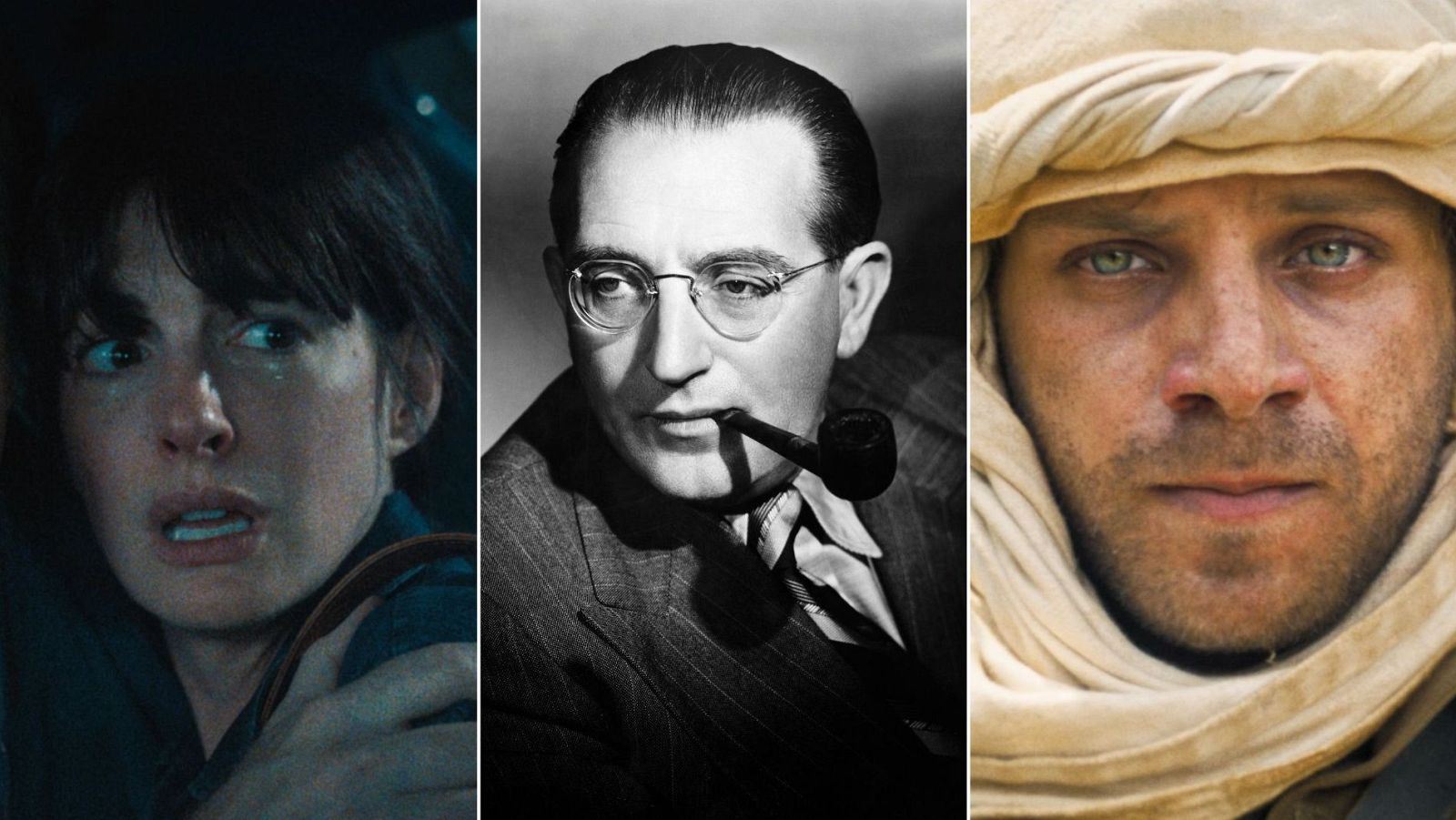 Tríptico cinematográfico con Anne Hathaway angustiada, Alfred Hitchcock con pipa y Jeremy Renner con turbante, representando la diversidad del cine.