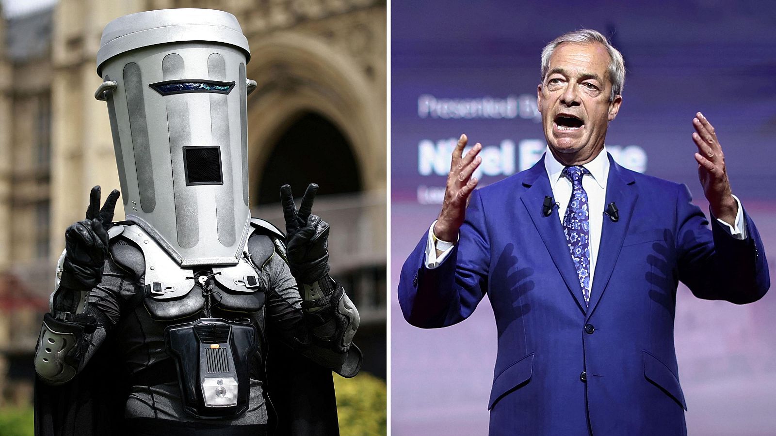 Díptico: Conde Cara Cubo de Basura con disfraz de cubo de basura y Nigel Farage en un contexto político, ambos en Londres.