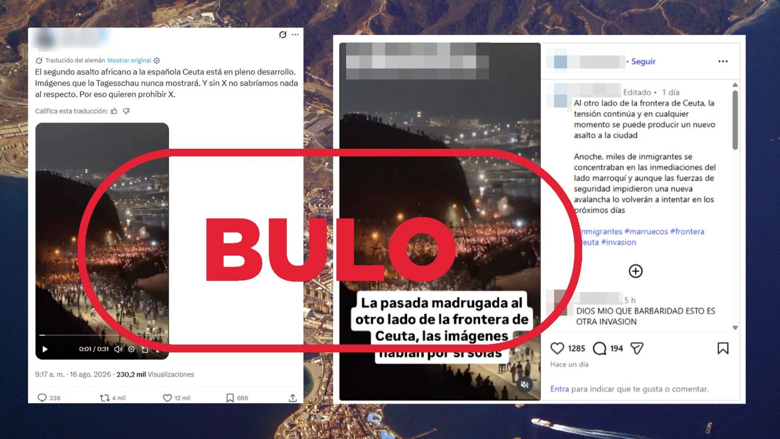 Captura de pantalla que desmiente un bulo viral sobre migrantes entrando en Ceuta el 15 de agosto