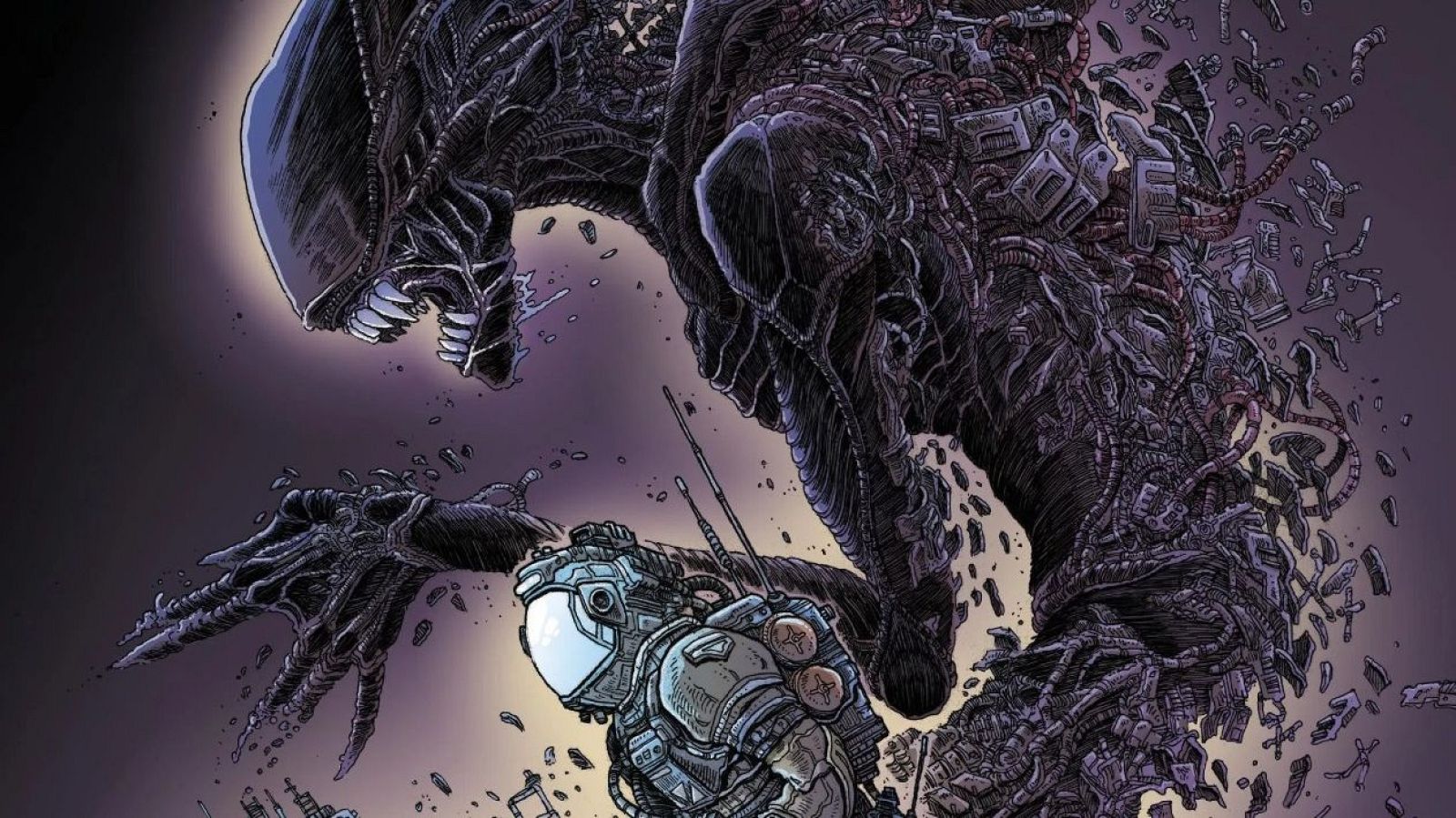 Ilustración de cómic de ciencia ficción y horror: un Xenomorfo se enfrenta a un humano con traje futurista, con fragmentos dispersos y un fondo oscuro.