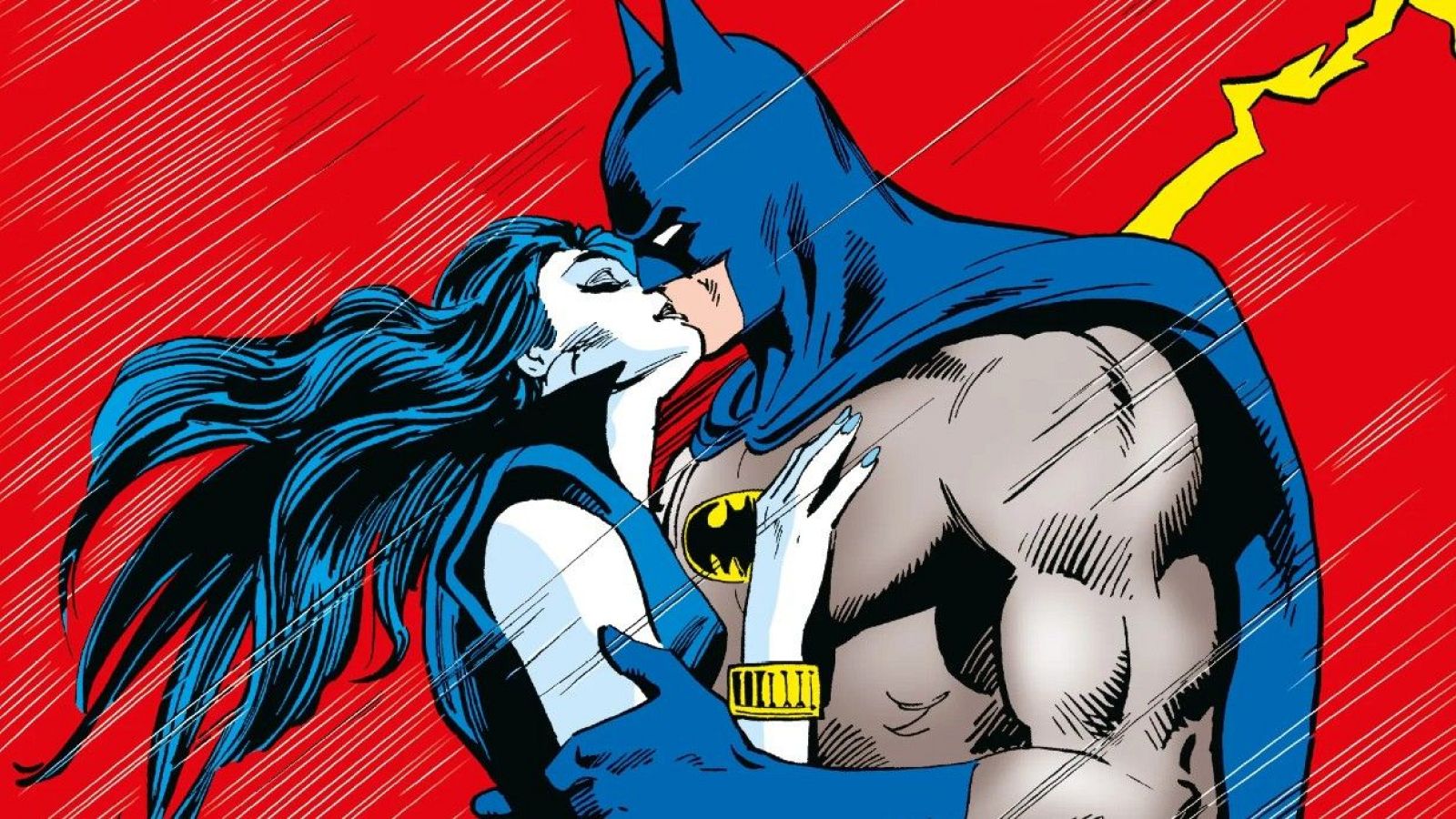 Batman y una mujer se besan apasionadamente en una ilustración de cómic con fondo rojo, líneas blancas y un rayo amarillo. Detalles del traje de Batman y el cabello de la mujer son visibles.