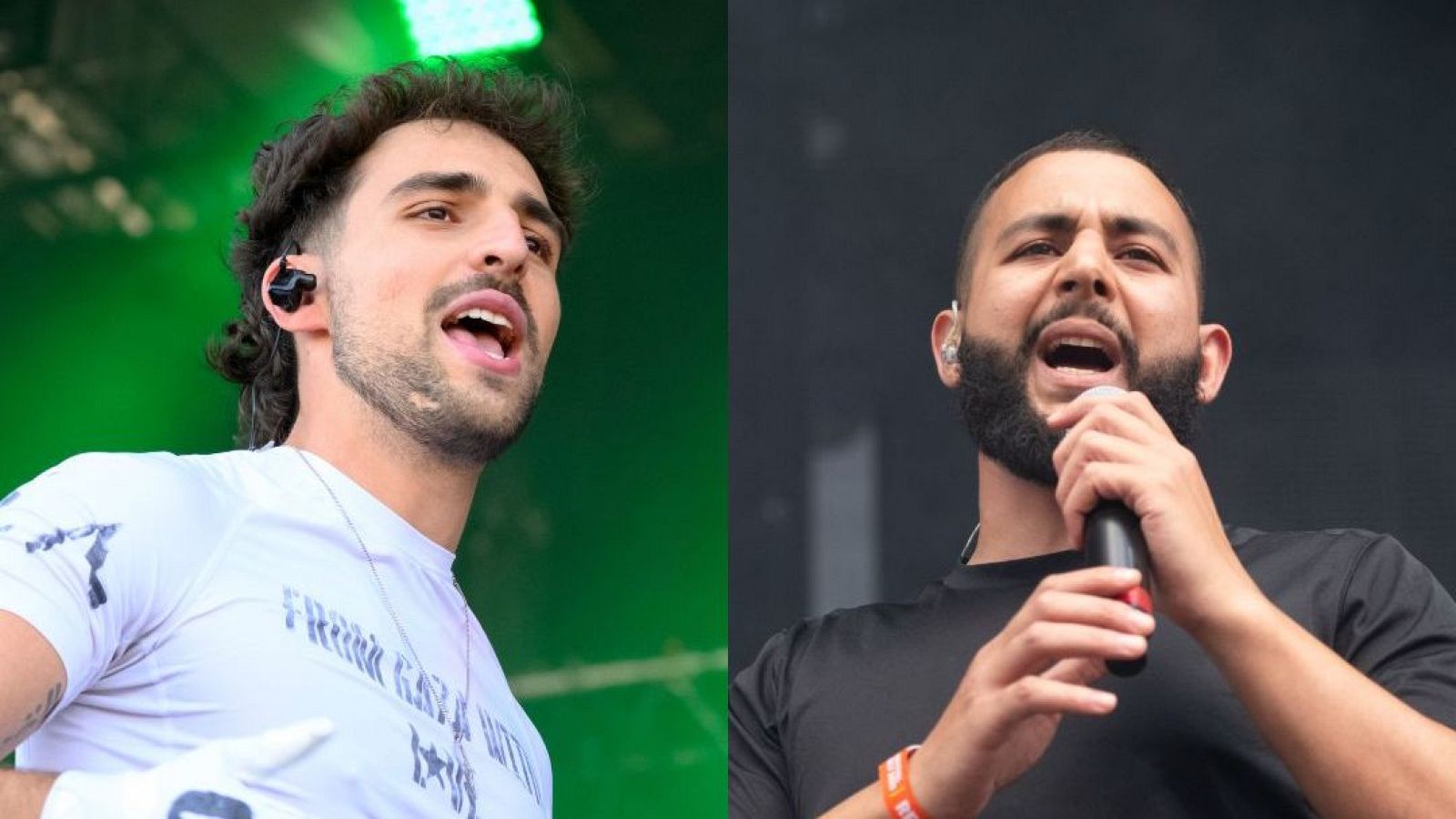 Díptico de los artistas palestinos Saint Levant y Shabjdeed cantando en vivo