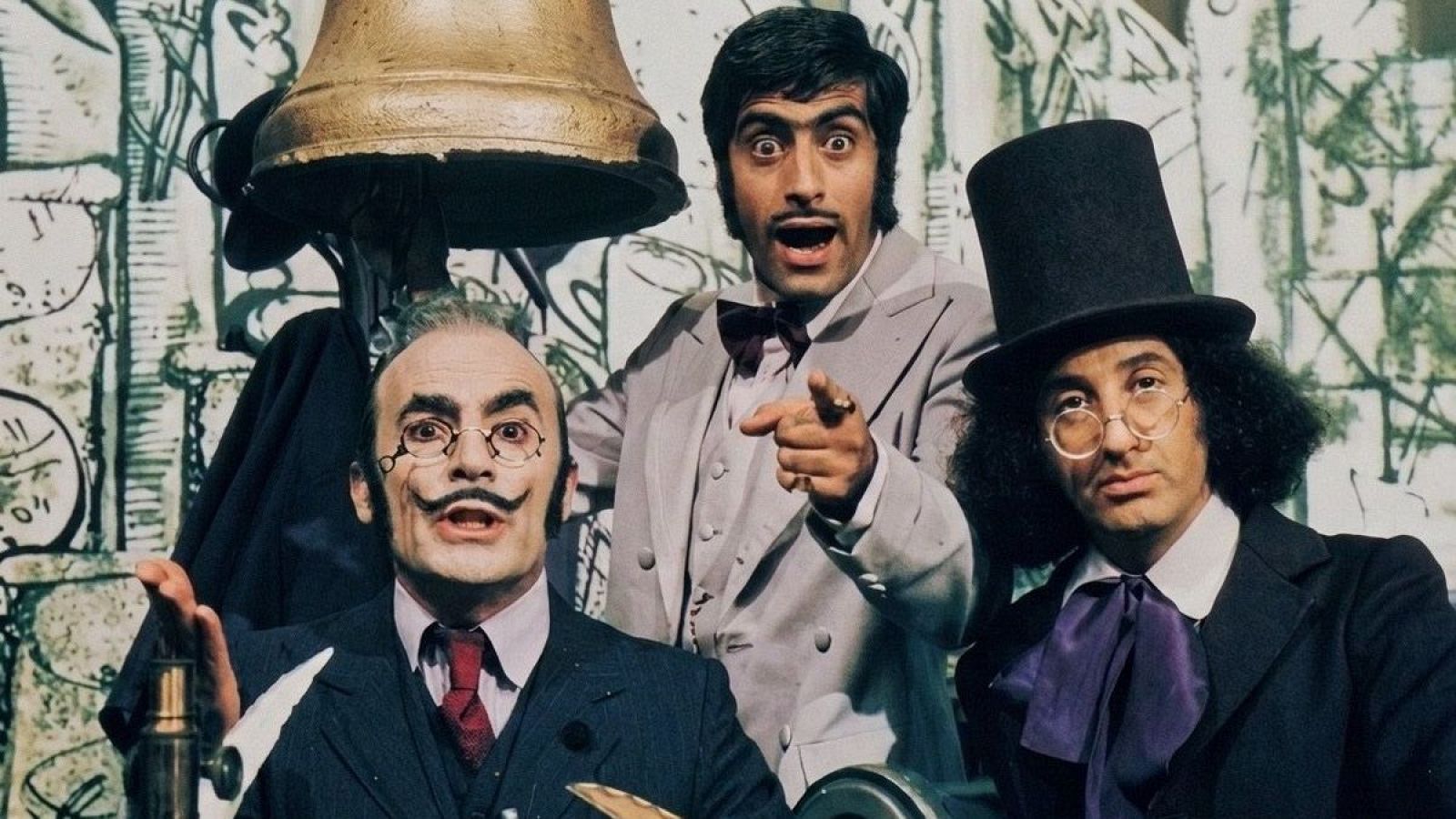 Pedro Sempson, Paco Algora y Juan Tamariz en una actuación de 1976 para "Los Tacañones" de RTVE, con vestimenta y gestos teatrales.