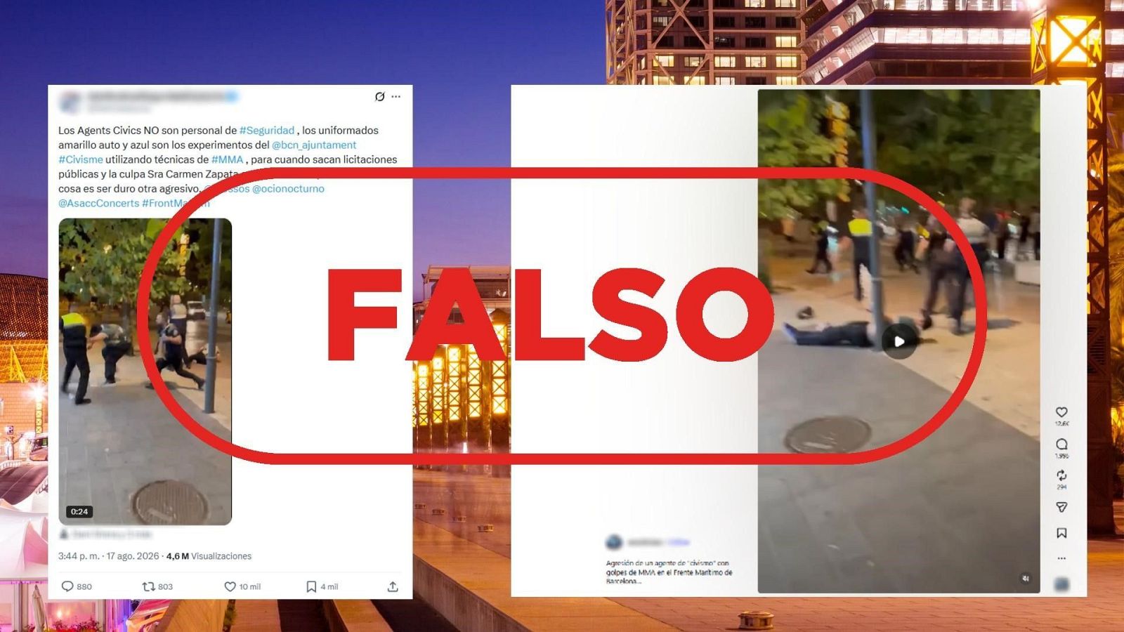 No es un agente cívico municipal golpeando a jóvenes en Barcelona, es falso