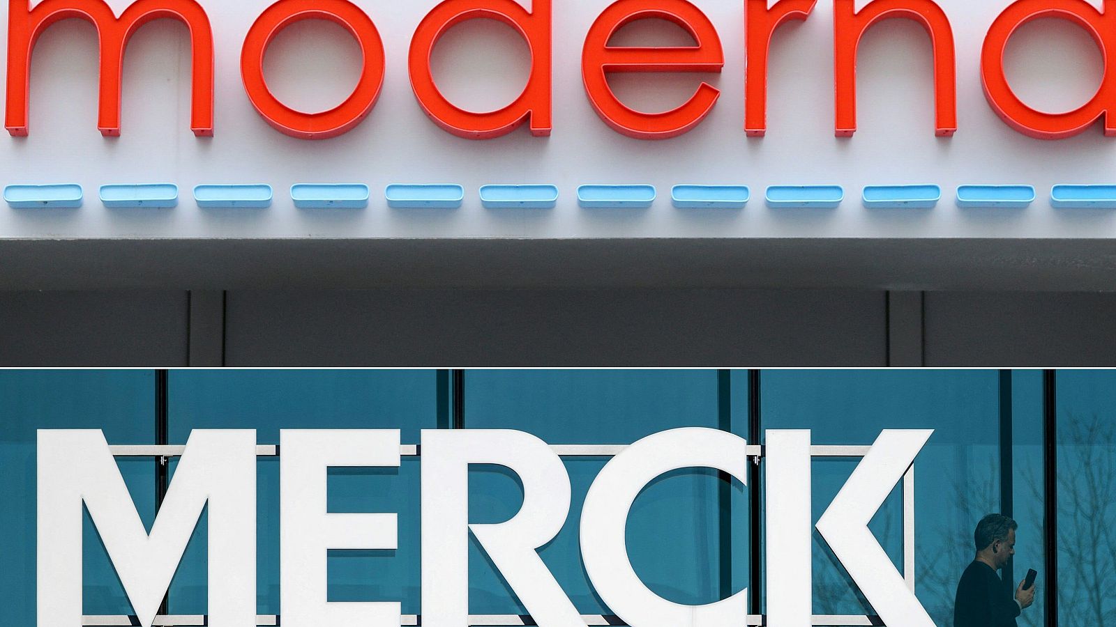 Díptico con logotipos de Moderna y Merck. "MODERNA" en rojo 3D sobre fondo claro, "MERCK" en blanco 3D sobre cristal azul turquesa, con silueta de persona usando móvil.