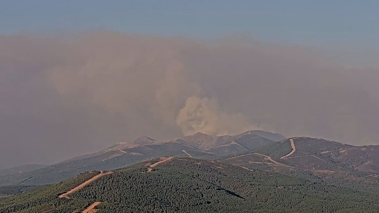 Imagen aérea de las montañas que comparten Cáceres y Salamanca, mostrando el terreno forestal afectado por el incendio de Pinofranqueado ya controlado y sin llamas
