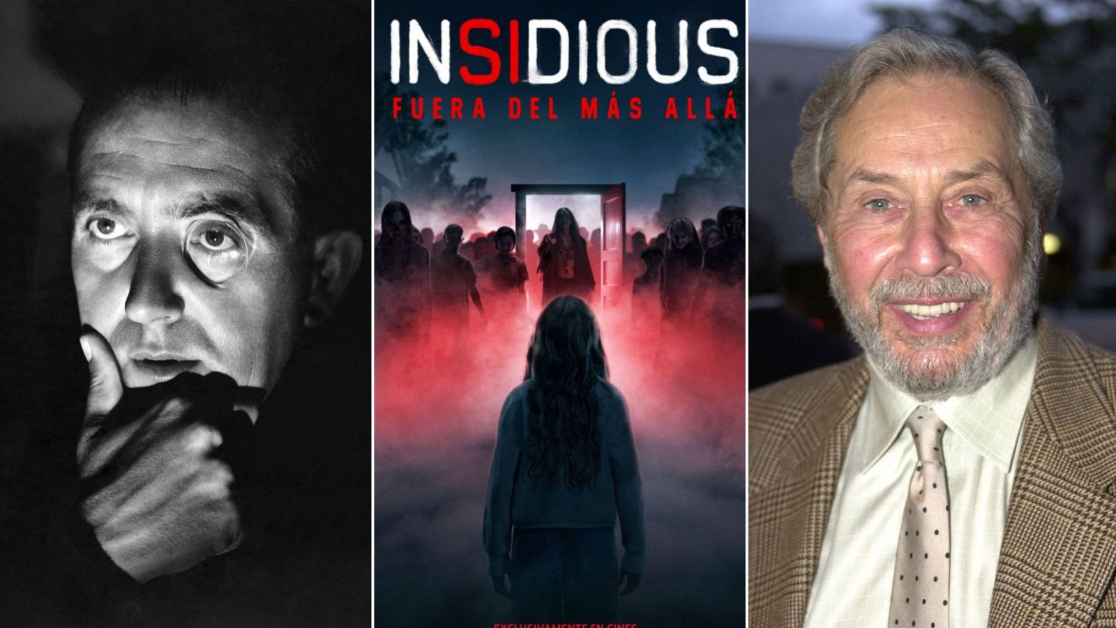 Tríptico con retrato de Alfred Hitchcock en blanco y negro, póster de "Insidious: Fuera del Más Allá" y retrato a color de Carlos Pumares.