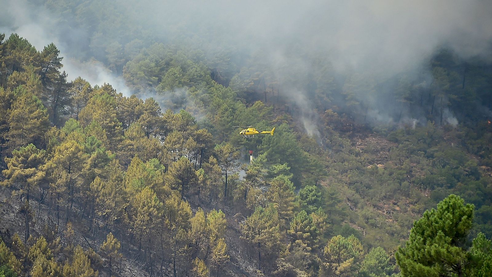 En Pinofranqueado, un helicoptero echa agua para intentar extinguir el fuego